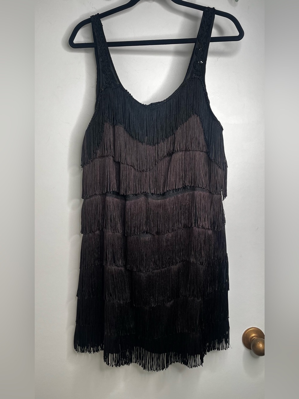 Black Fringe Flapper Dress Cocktail Party Great Gatsby Sequin detail Straps Med